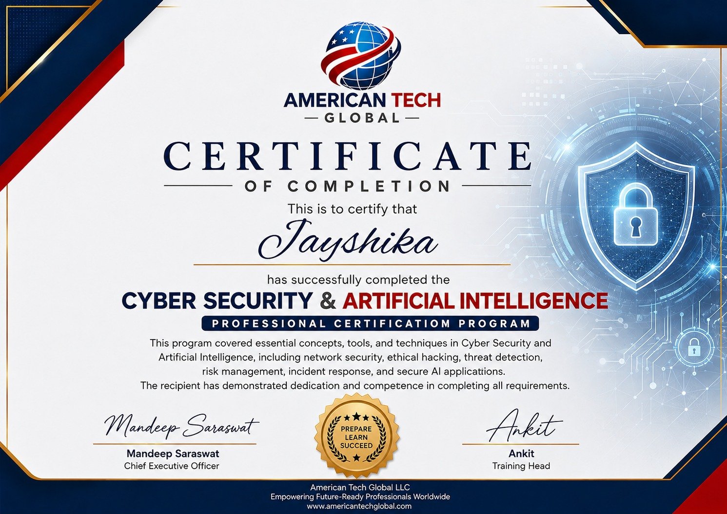 American Tech Global LLC Certificate of Completion for Cyber Security & Artificial Intelligence
